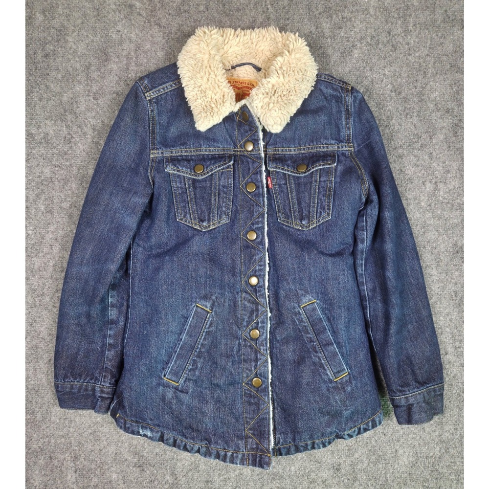Levi's Denim Trucker Jacket Women Small Blue Sherpa Lined Longline Snap Front